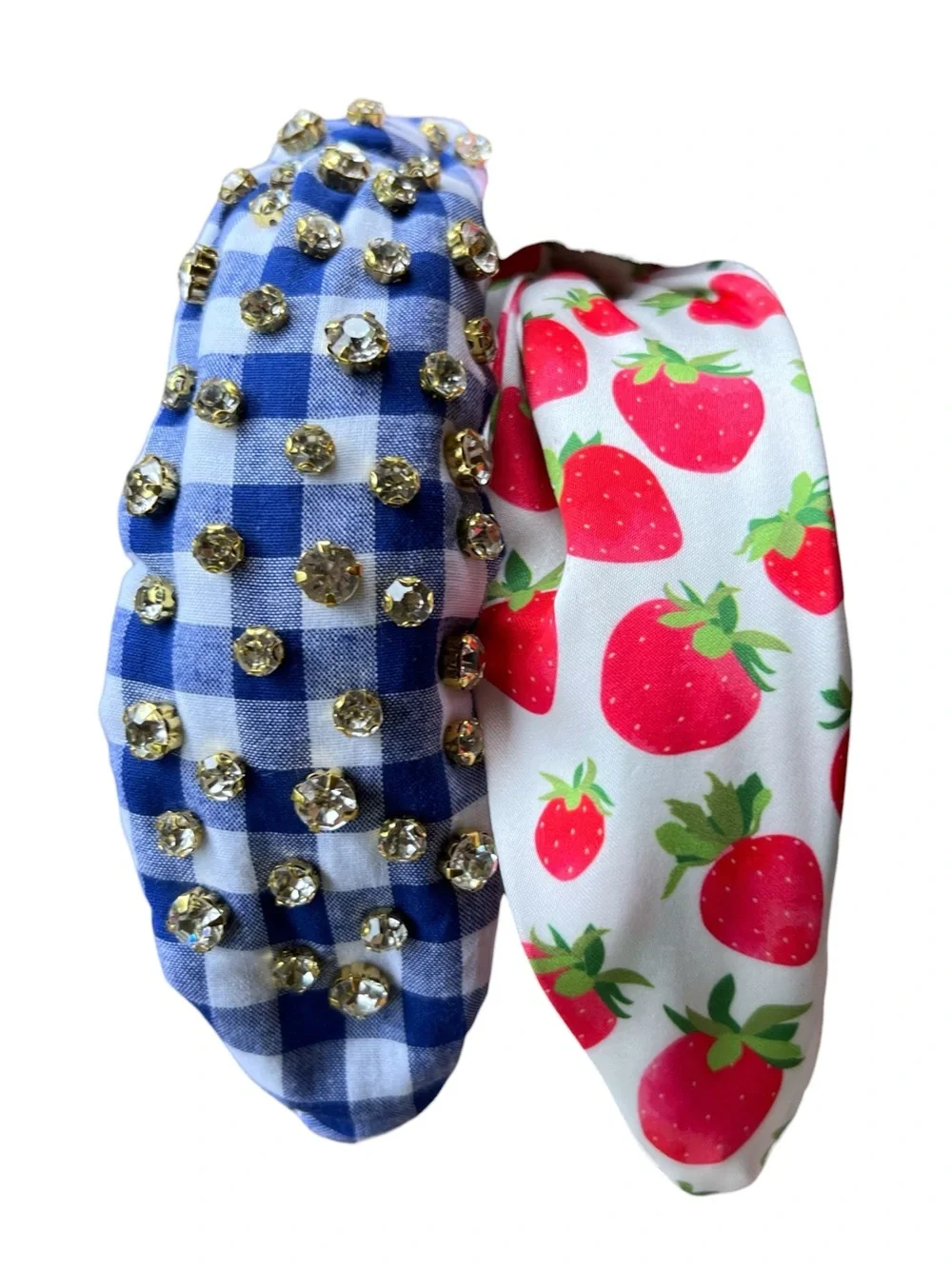 Piper K Pair of Headbands Blue White Gingham Rhinestones & A Strawberry Print